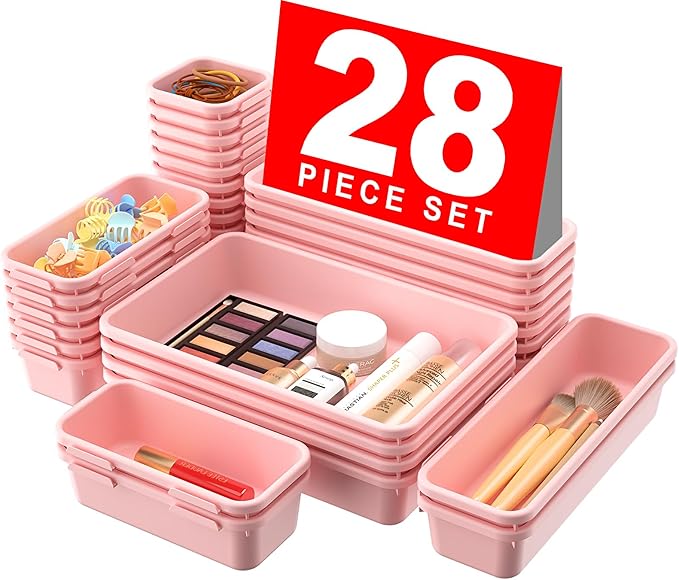 A-LuGei 【28PCS】 Drawer Organizer, Bathroom Organizers and Storage, Makeup organizer, Desk drawer organizer, Storage Bins for Kitchen Office Bedroom Vanity Jewelry Pantry Garage【Pink】【4Size】-NeatNest