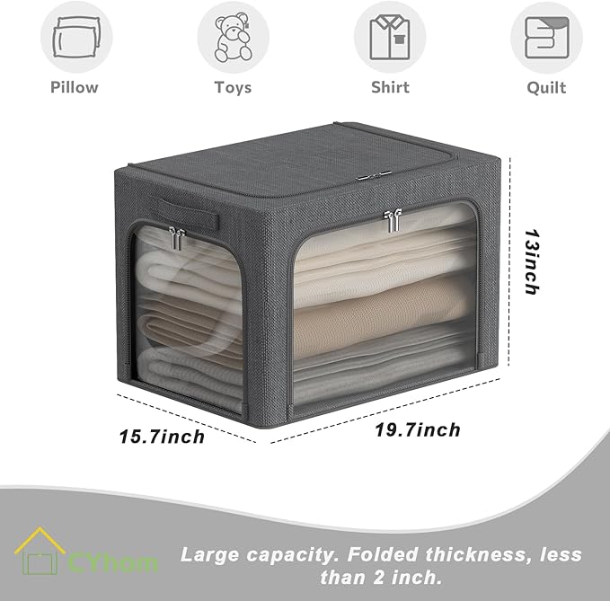 3 Openings Clothes Storage Bins Box - 3Pack Stackable Foldable Storage Bin - Metal Frame Storage Box Clothing Storage Organizer with Clear Window, Carry Handles (66L-19.7x15.7x13in, Drak Grey)-NeatNest