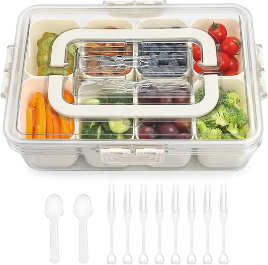 Divided Serving Tray with Lid and Handle, Snack Box Container with Fork and Spoons, Portable Charcuterie Container, Food Platter Snackle Box for Party, Veggies, Fruits, Snacks, Entertaining, Picnic-NeatNest