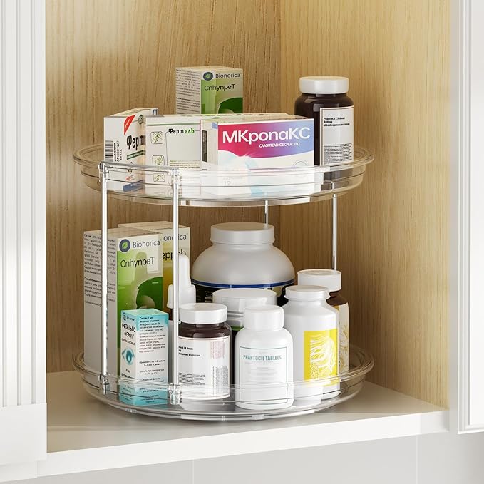 2 Tier Lazy Susan Organizer, 9.25'' Lazy Susan Turntable for Cabinet, Stackable Turntable Organizer Rotating Spice Rack Organization for Kitchen Countertop, Pantry, Bathroom, Clear-NeatNest