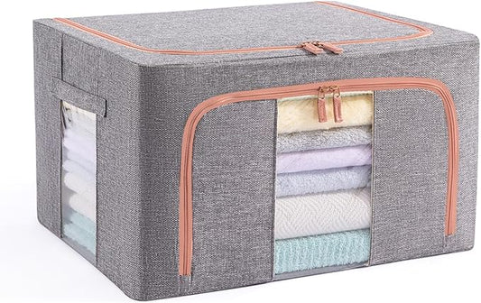 24L Stackable Clothes Storage Bins with Metal Frame Handles & Zipper, Collapsible Closet Organizer Box with Lid for Bedding Blankets Towel (Grey,1 pack)-NeatNest