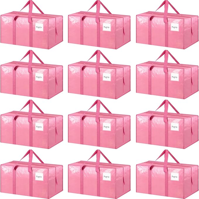 12 Pack Extra Heavy Duty Large Moving Bags with Strong Zipper & Comfortable Handles, Sturdy & Durable Clothes Storage Bags Totes Bins, Packing Moving Boxes for College Supplies, Pink-NeatNest