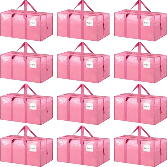12 Pack Extra Heavy Duty Large Moving Bags with Strong Zipper & Comfortable Handles, Sturdy & Durable Clothes Storage Bags Totes Bins, Packing Moving Boxes for College Supplies, Pink-NeatNest