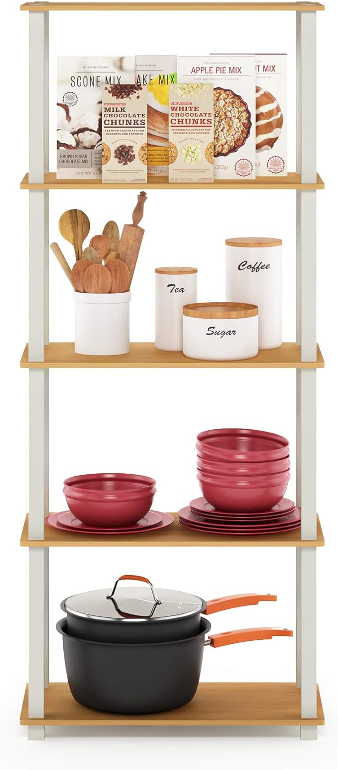 Furinno Turn-N-Tube 5-Tier Multipurpose Shelf / Display Rack / Storage Shelf / Bookshelf, Square Tubes, Beech/White-NeatNest