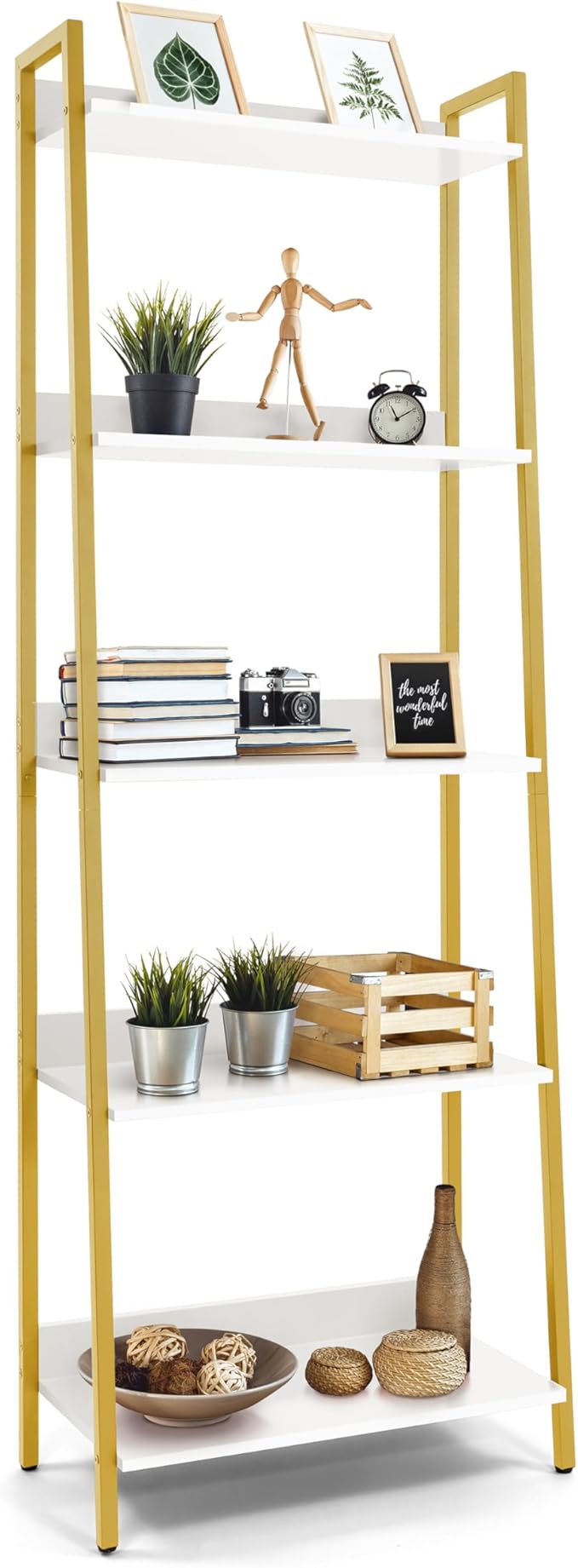 CAPHAUS 5 Tier Ladder Bookshelf, 24 Inch Width Free Standing Shelf, Bookcase Shelf Storage Rack Organizer, Industrial Book Shelves for Home Office, Living Room, Kitchen, White Shelves & Gold Frame-NeatNest