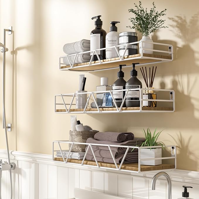 Floating Shelves Set of 3, Home Wood Wall Shelf, Farmhouse Shelf for Bedroom, Wall Mounted Floating Shelf for Living Room, Bedroom, Bathroom, Kitchen, Office (White)-NeatNest