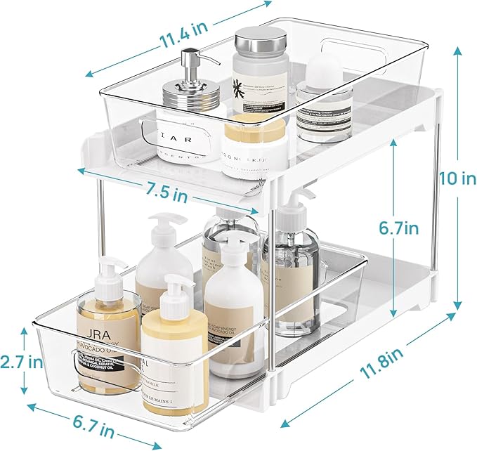 Vtopmart 4 Pack Bathroom Organizer, 2 Tier White Under Sink Organizers Vanity Countertop Storage Container,Cabinet Drawers Bins, Pull-Out Organization with Track for Pantry, Kitchen-NeatNest