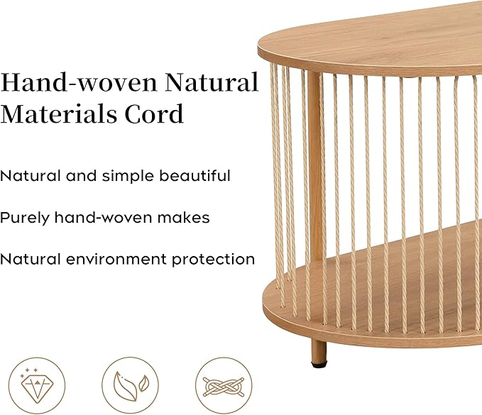 Brafab Oval Boho TV Console with Hand-Woven Ropes, Mid-Century Modern TV Stand for up to 60" with Storage Adjustable Shelf and Sturdy Steel Legs, Natural Wooden Entertainment Center for Living Room-NeatNest