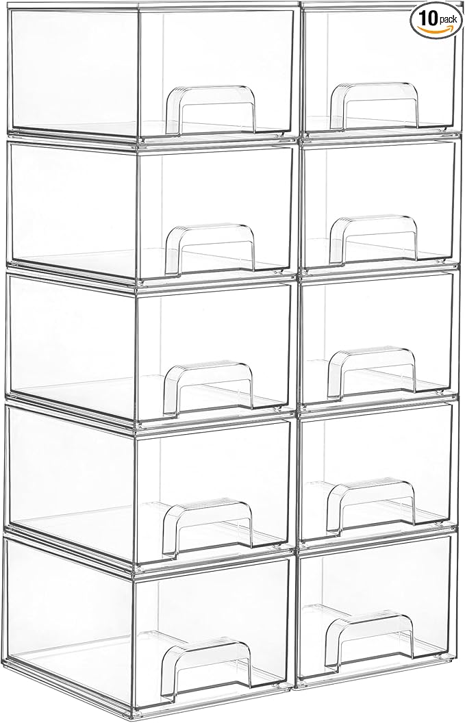 Vtopmart 10 Pack Clear Small Stackable Storage Drawers,Acrylic Bathroom Makeup Organizer,Plastic Storage Bins For Vanity, Undersink, Kitchen Cabinets, Pantry, Home Organization-NeatNest