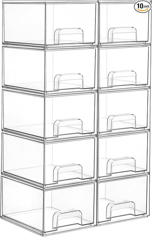 Vtopmart 10 Pack Clear Small Stackable Storage Drawers,Acrylic Bathroom Makeup Organizer,Plastic Storage Bins For Vanity, Undersink, Kitchen Cabinets, Pantry, Home Organization-NeatNest