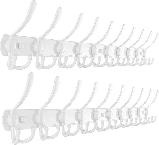 Dseap Coat Rack Wall Mount - 38” Long 10-Tri-Hooks Heavy Duty Coat Hanger Rail Wall Hooks for Hanging Coats Hats Clothing Clothes Purse Mudroom Entryway, White, Pack of 2-NeatNest