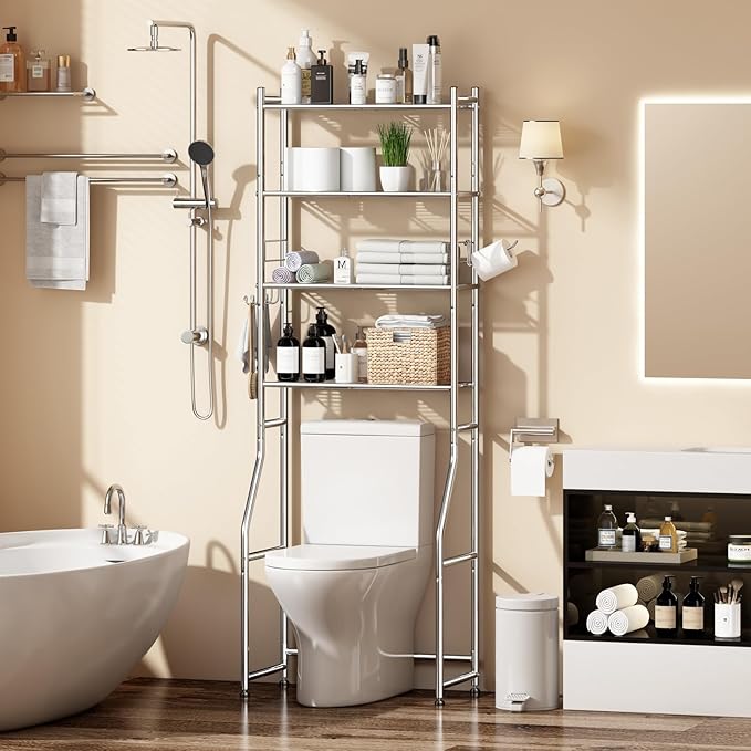 4-Tier Over The Toilet Rack, Shelf Bathroom, Bathroom Storage Organizer with 4 Hooks and Holder Space Saver, Chrome