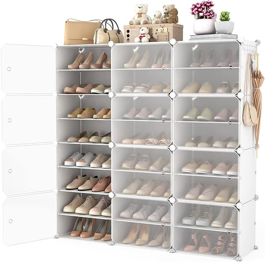 Portable Shoe Rack Organizer with Door, 48 Pairs Storage Cabinet Easy Assembly, Plastic Adjustable Stackable Detachable Free Standing DIY Expandable 8 Tier White, (NNF-XJ-012)-NeatNest