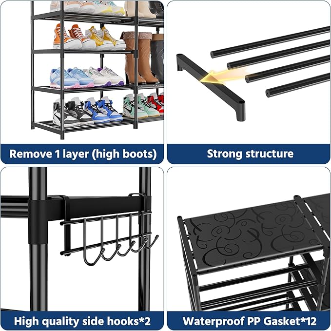 Shoe Rack Large Capacity 4 Rows 10 Tier for 60-64 Pairs, Space Saving Shoes Sturdy DIY Storage Organizer Shelf for Entryway, Garage, Closet, Bedroom, Black-NeatNest