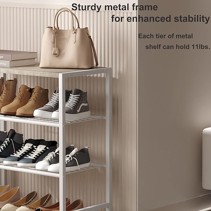 HOMEFORT 4-Tier Shoe Rack, Modern Industrial Shoe Storage Tower, Narrow Shoe Organizer for Closet Entryway, Small Shoe Rack Table with Durable Metal Shelves and MDF Top, White Oak-NeatNest