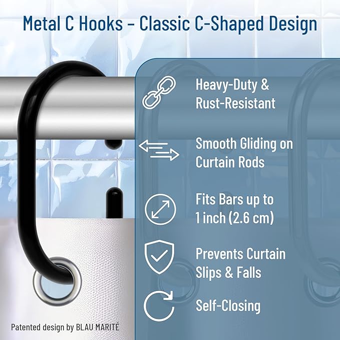 12 Metal Shower Curtain Hooks, Rust-Proof Decorative C-Shaped Curtain Hooks for Bathroom, Black Shower Curtain Rings, Fits Rods Up to 1 Inch (C, Black)-NeatNest