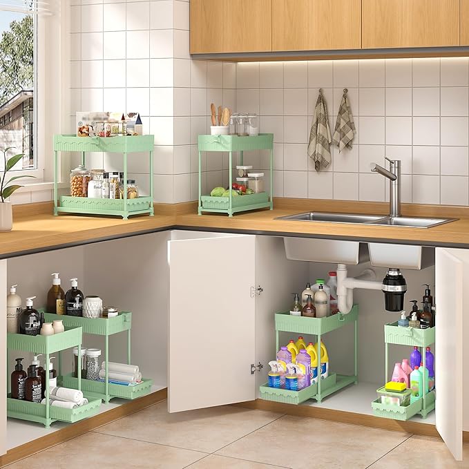 3 Pack Under Sink Organizers, 2-Tier Multi-Use Kitchen and Bathroom Organizers and Storage with Sliding Drawers，Bathroom Cabinet Organizer (Green, 12.8 Inch)-NeatNest