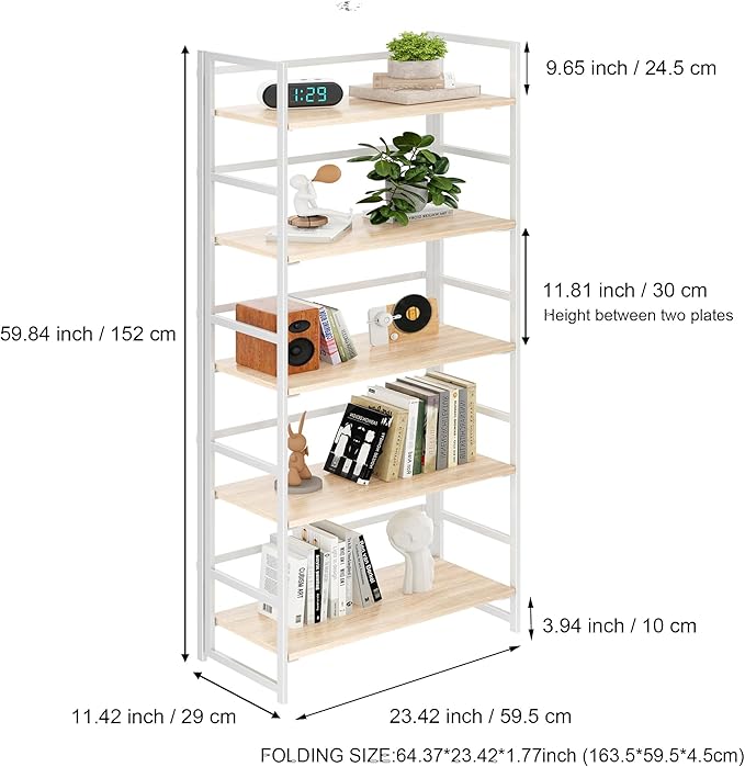 BHG Vintage Multifunctional Folding Bookshelf, No-Assembly Plant Stand Storage Rack Shelves for Home Office (White, 5-Tier)-NeatNest