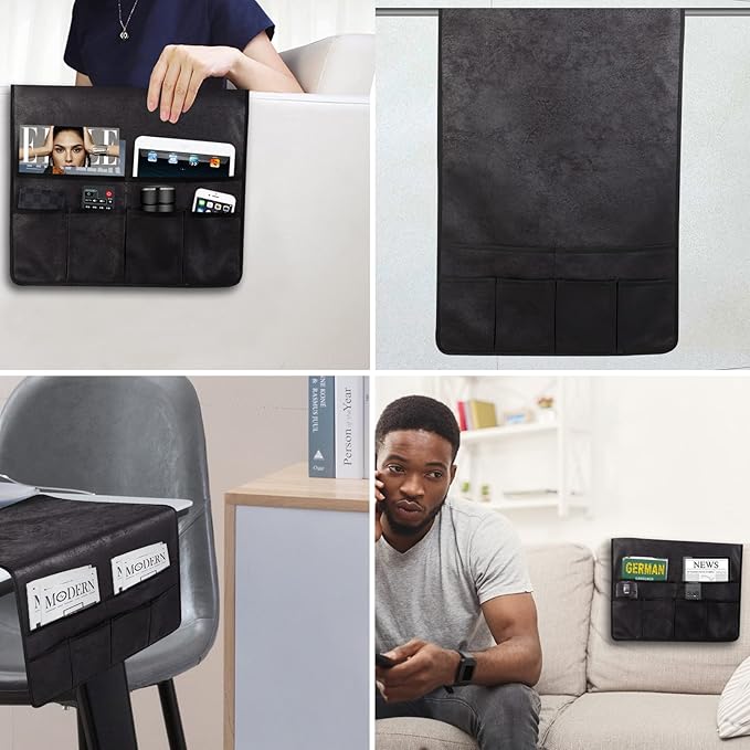 HAOMAIJIA Anti Slip Sofa Armrest Organizer Arm Chair Bedside Caddy Storage Organizer For Recliner Couch With 6 Pockets For Cell Phone Tv Remote Control Magazines (black)-NeatNest