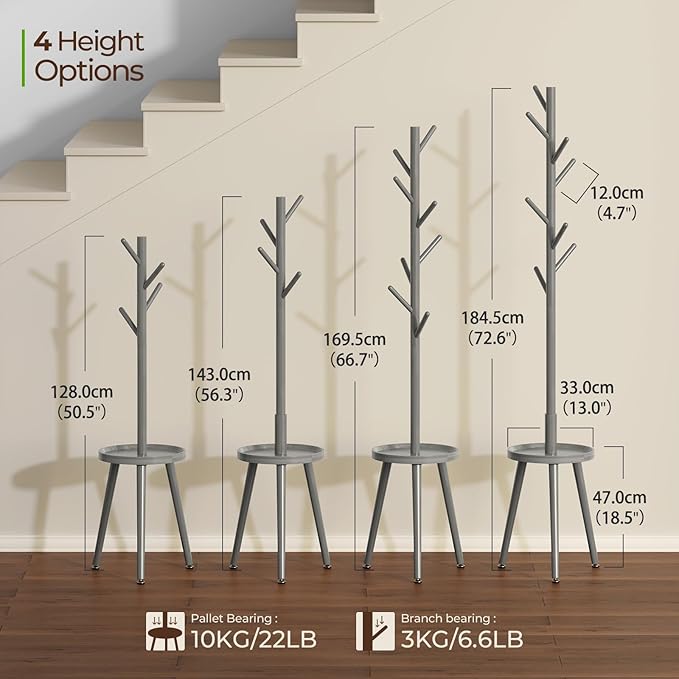 GREENSTELL Coat Rack with 8 Hooks, Wooden Coat Rack Freestanding with Shelf, Coat Tree with 4 Height Options 50.5"-72.6", Coat Hanger Stand for Bags, Clothes, Umbrellas, Hats, in Home, Gray-NeatNest