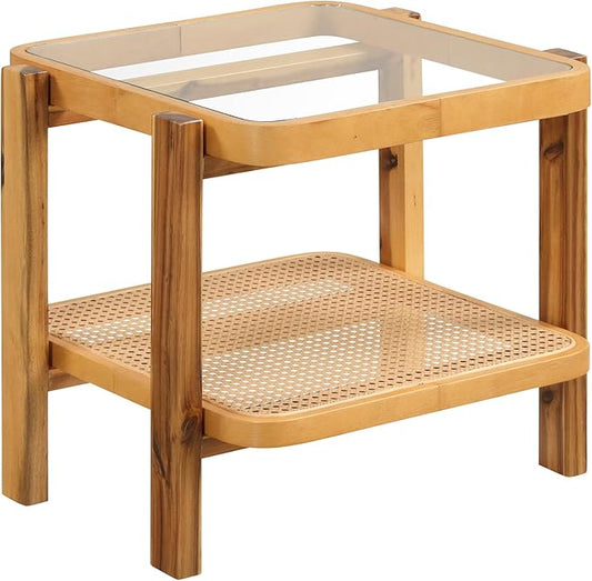 Giantex Rattan Side Table, Boho End Table for Living Room, Narrow Bedside Table with Tempered Glass Top, Wood Accent Table with Rattan Storage Shelf, 2-Tier Nightstand for Bedroom Small Spaces