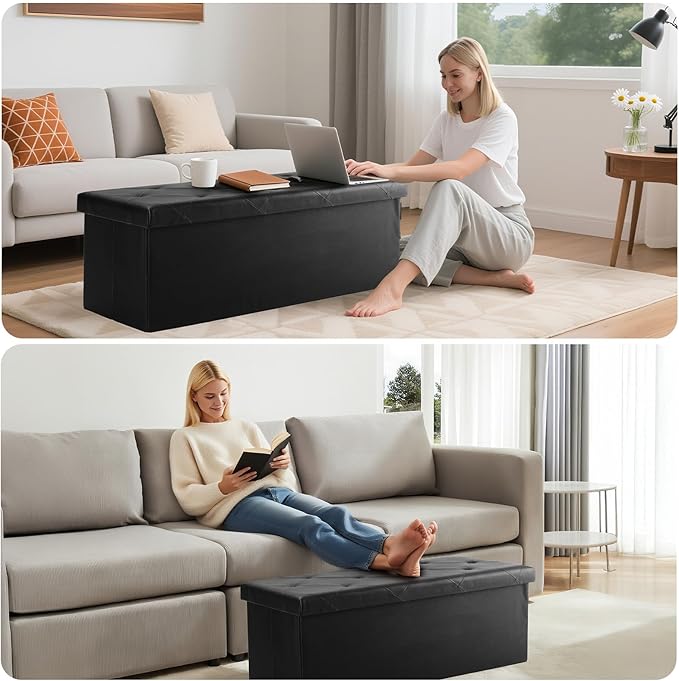DUMOS 43 Inches Foldable Storage Ottoman Bench, Foot Rest Stool, Synthetic Leather Storage Chest with Thicker Foam Padded Seat for Entryway Living Room, Modern Black