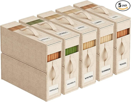 5Pack Sheet Organizers and Storage with Handles – Foldable Linen Closet Storage for King & Queen Sheet Sets – Clear Window & Removable Labels – Dustproof & Space-Saving Design, Beige-NeatNest