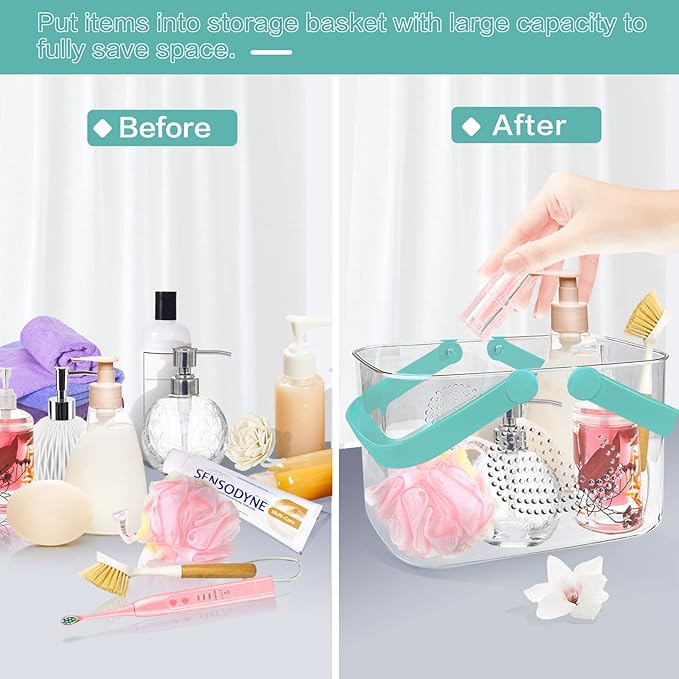 2 Pack Plastic Shower Caddy Basket, Portable Shower Caddy Tote Storage Basket with Handles, Clear Cleaning Supplies Organizer Bin for Bathroom Kitchen College Dorm (White+Cyan)