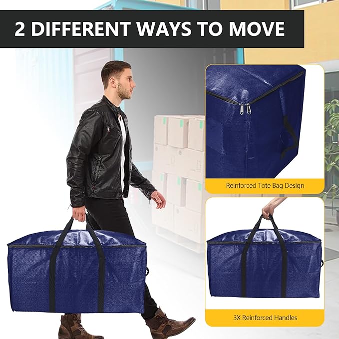 Extra Large Storage Bags Set Heavy Duty Moving Totes With Backpack Straps – Strong Handles & Zippers, (Blue, 12 Park-2 Moving bag & 10 Vacuum Seal Bags)