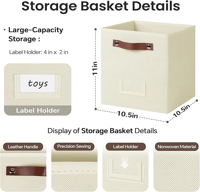 6-Pack Collapsible Fabric Storage Cubes with Handles & Label Holders, Closet Cube Home Organizer Bins (Beige, 10.5*10.5*11 inch)