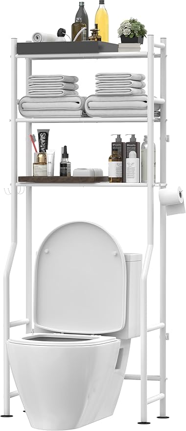 3-Tier Over The Toilet Storage, Freestanding Metal Bathroom Shelves with 4 Hooks, Over Toilet Storage Shelf with Paper Holder, Above The Toilet Shelf for Bathroom Storage, White-NeatNest