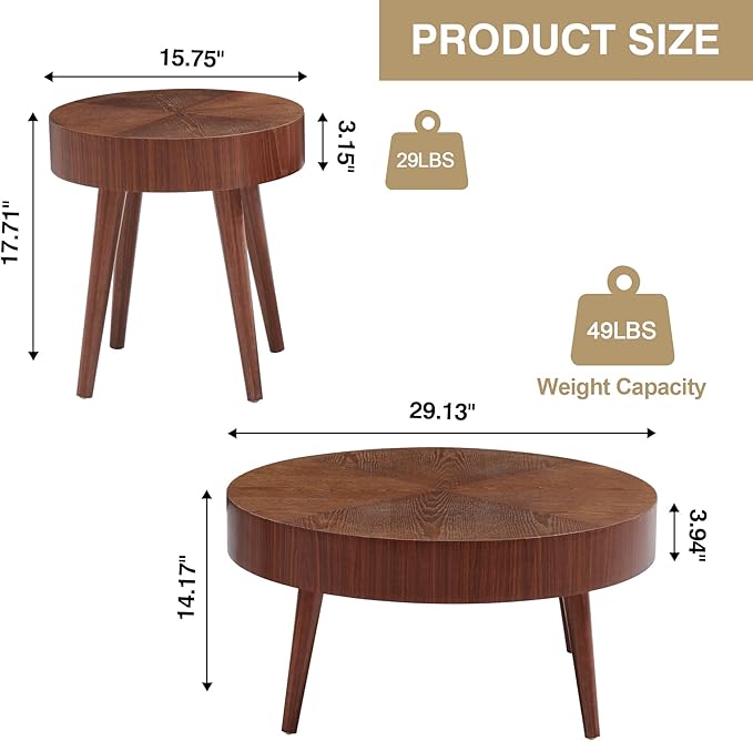 AVZEAR Nesting Round Coffee Table Set of 2, Mid Century Modern Coffee Table, Natural Wood Nesting Tables Walnut Side Table and Farmhouse End Table Set for Living Room Bedroom, Cafe, Office(Walnut)