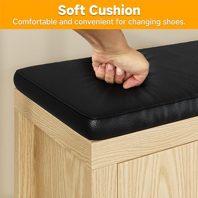 40" Shoe Storage Bench with Flip Drawers & Padded Seat Cushion, Adjustable Shelf, Slatted Doors Entryway Bench Shoe Cabinet with Bench for Entryway Living Room Bedroom, Natural