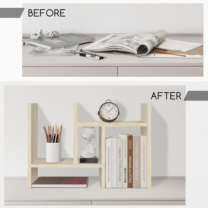 Jerry & Maggie Desktop Organizer Office Storage Rack Adjustable Wood Display Shelf Free Style Double H, Multi-Functional Mini Bookshelf for Desk Natural Stand (White Wood Tone)-NeatNest