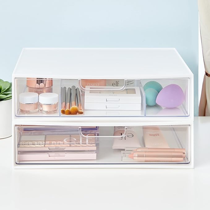STORi 2 Tier Wide Stackable Kitchen Storage Drawers, White with Clear Bins with Handles, Drawer Organizers for Pantry, Bathroom Undersink, Cabinet Organization and Storage, 2 Drawer Pack, Made in USA-NeatNest