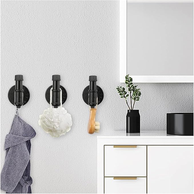 3 Pack Industrial Iron Pipe Robe and Towel Hooks Wall Mounted Home Decor, Bathroom Hardware Rustic Vintage Style Heavy Duty Farmhouse DIY Coat Hook for Wall Hanging-NeatNest