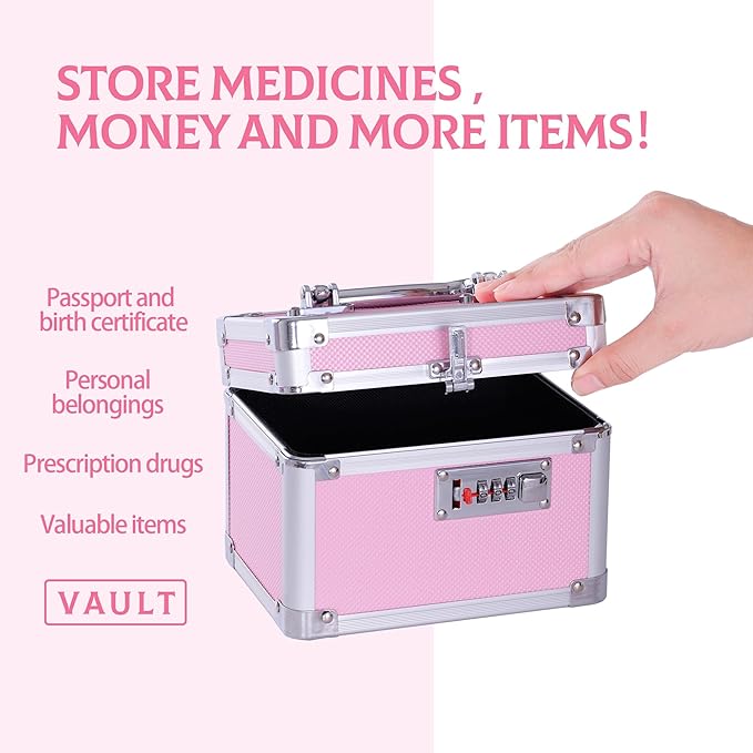 Small Medication Combination Lock Boxes with Code for Personal Items, Medicine Lockbox for Documents - 7.1 x 5.1 x 5.3 Inches Pink