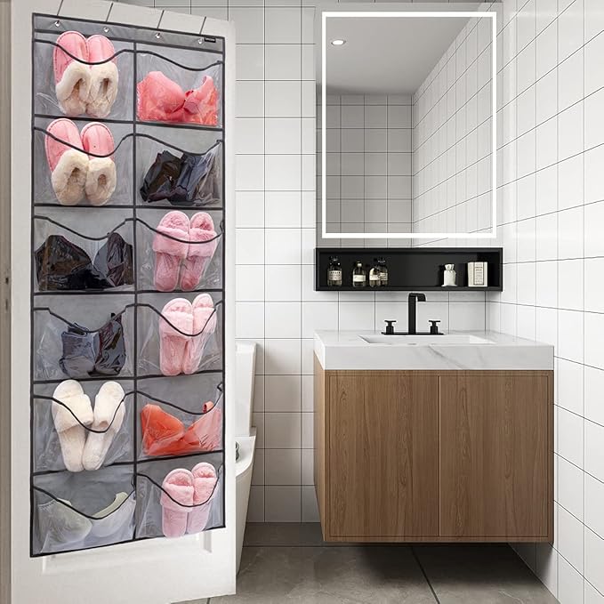 Extra Large Pockets Shoe Organizer Hanging Shoe Rack Organizer for Bedroom Shoe Storage Bathroom Shoe Holder with 12 Clear Pockets (12 Large Pockets-Grey)-NeatNest