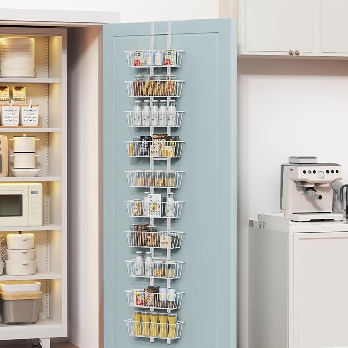 10-Tier Over the Door Pantry Organizer with Baskets Metal Over the Door Hanging Spice Rack, Over Door Organizer and Storage, Spice Rack Door Hanger Organizer for Home & Kitchen Laundry Bathroom, White