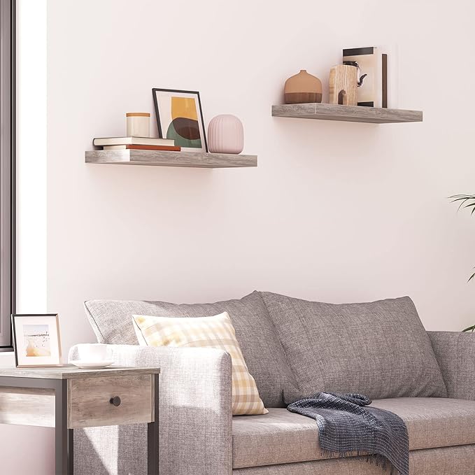 HOOBRO Floating Shelves, Wall Shelf Set of 2, 23.6 Inch Hanging Shelf with Invisible Brackets, for Wall Decor in Bathroom, Bedroom, Toilet, Kitchen, Living Room, Office, Greige BG60BJ01G1-NeatNest