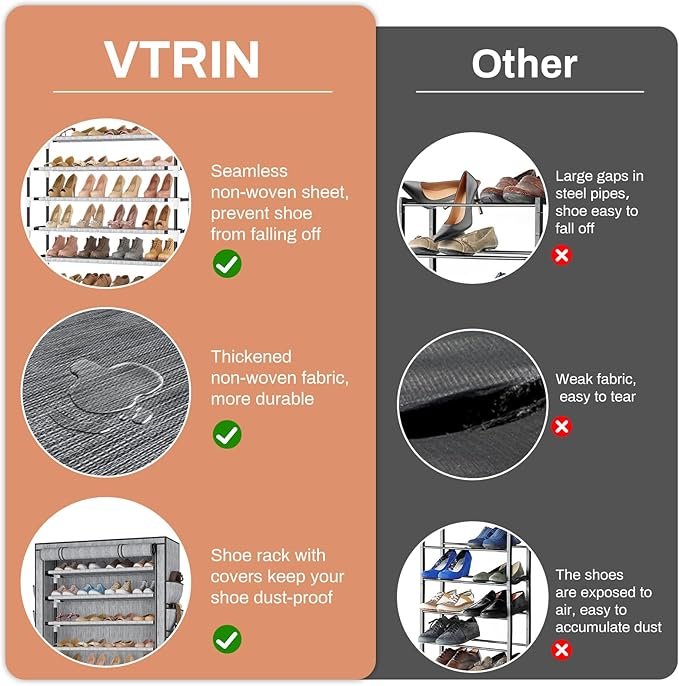 VTRIN Tall Shoe Rack with Cover, 10 Tier Shoe Organizer Storage for 50-55 Pairs Shoes and Boots Large Capacity Shoe Shelf with 8 Pockets Free Standing Shoe Rack for Closet, Entryway, Garage, Printing-NeatNest