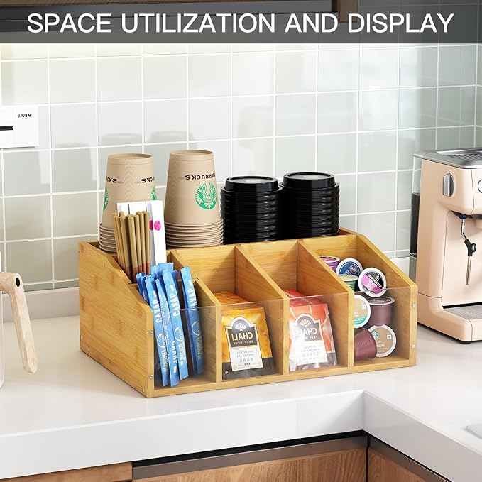 Coffee Station Organizer Condiment Organizer for Countertop Farmhouse Coffee Caddy with Removable Dividers Small Cute Office Bar Accessories for Tea Bags, Pods, Syrup, Cups, and Stirrer-NeatNest