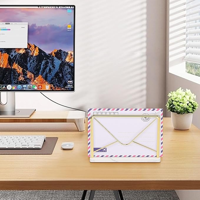 Modern Mail Holder for Home Office, Metal Letter Organizer Sorter for Desk, Cutout Mail Envelope Design, Bill Filling Paper Document Rack, Envelope Storage Rack with Marble Base
