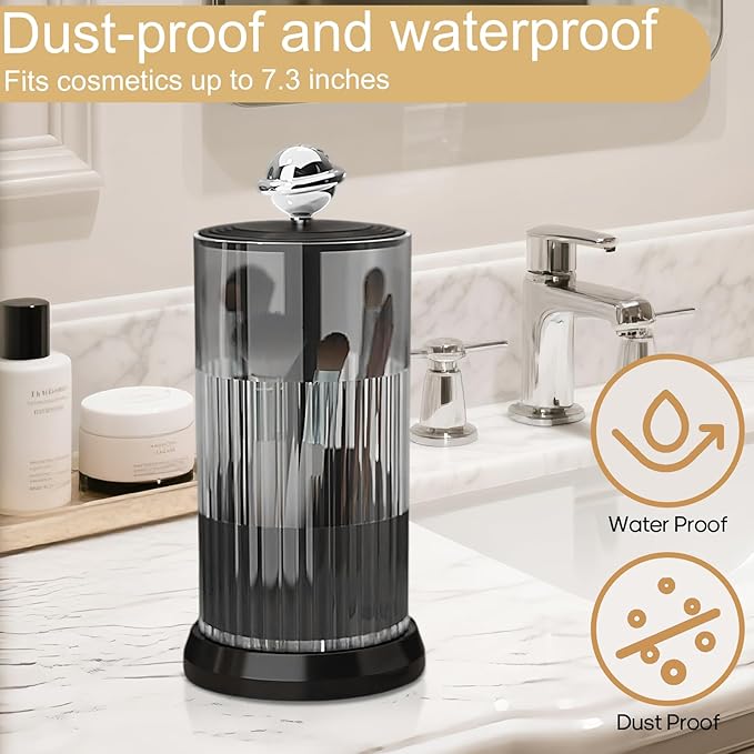 Makeup Brush Holder with Lid,One Touch Open 4 Slot Makeup Brush Case with Waterproof Dustproof, 360 Rotating Makeup Organizer for Vanity Desktop Counterto Bathroom (Black)-NeatNest