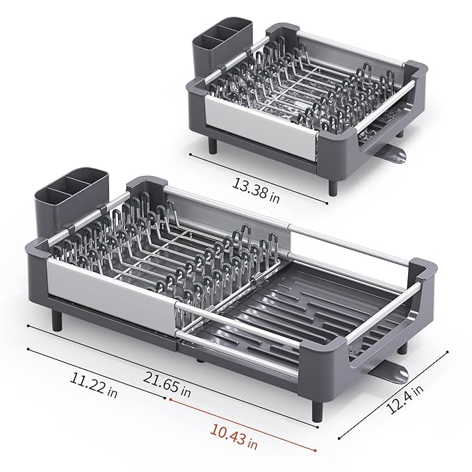 TOOLF Dish Drying Rack for Kitchen Counter, Extendable Dish Rack with Drainboard, Expandable Dish Drainer, Collapsible Dish Strainer with Cutlery Holder, Foldable Home Plate Rack, Alu Gray