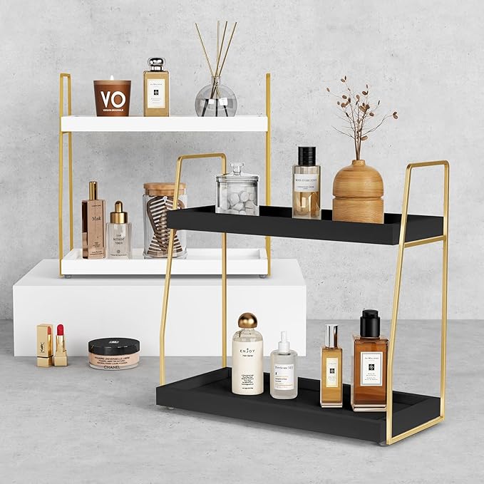 Forbena Black and Gold Bathroom Organizer Countertop, 2 Tier Counter Organizer for Bathroom Decor, Modern Sink Organizer Shelf for Vanity Storage, Organizer Tray for Makeup Bedroom