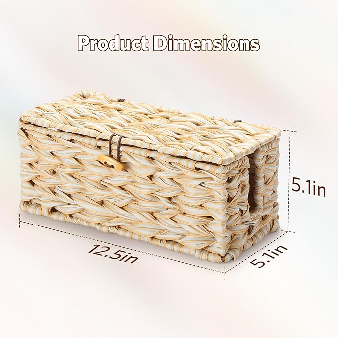 Delamu Handmade Synthetic Rattan Cable Management Box, Flat Weave Desk Organizer with Wire Management, Multi Purpose Cord Hider Box, 12.5" Lx 5.3" Wx 5.3" H, Natural & White