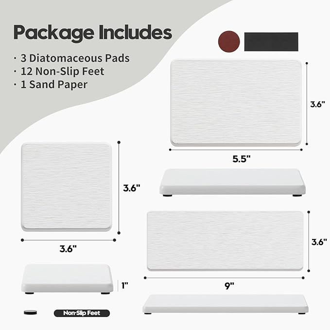 3PCS Bathroom Sink Vanity Trays, Quick Stone Drying Mat Dish Soap Dispenser Sponge Holder for Kitchen Counter, Diatomaceous Earth Water Absorbing Caddy Organizer, White-NeatNest