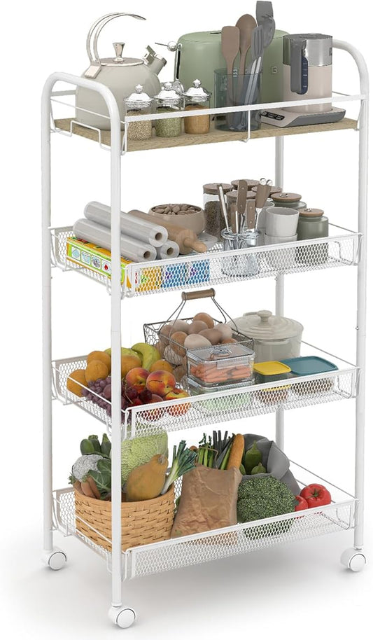 Sekey 4 Tier Rolling Cart Metal, Snap-Together Utility Cart on Wheels, Heavy Duty Storage Cart with Universal Wheels for Baby Nursery, Bathroom, Kitchen, Laundry Room, White