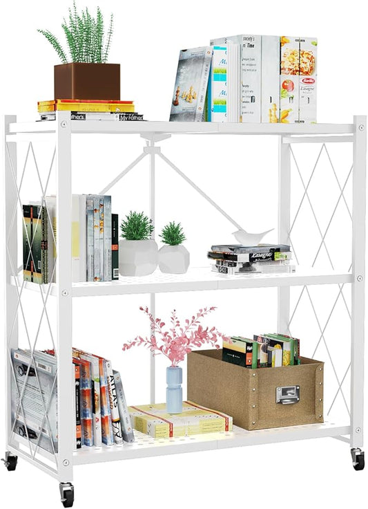 3-Tier Foldable Storage Shelf with Wheels - Metal Rack Collapsible Shelving Unit Display, Rolling Cart for Books Kitchen Storage Shelves, Pantry & Closet Organizer, Office Room Decor